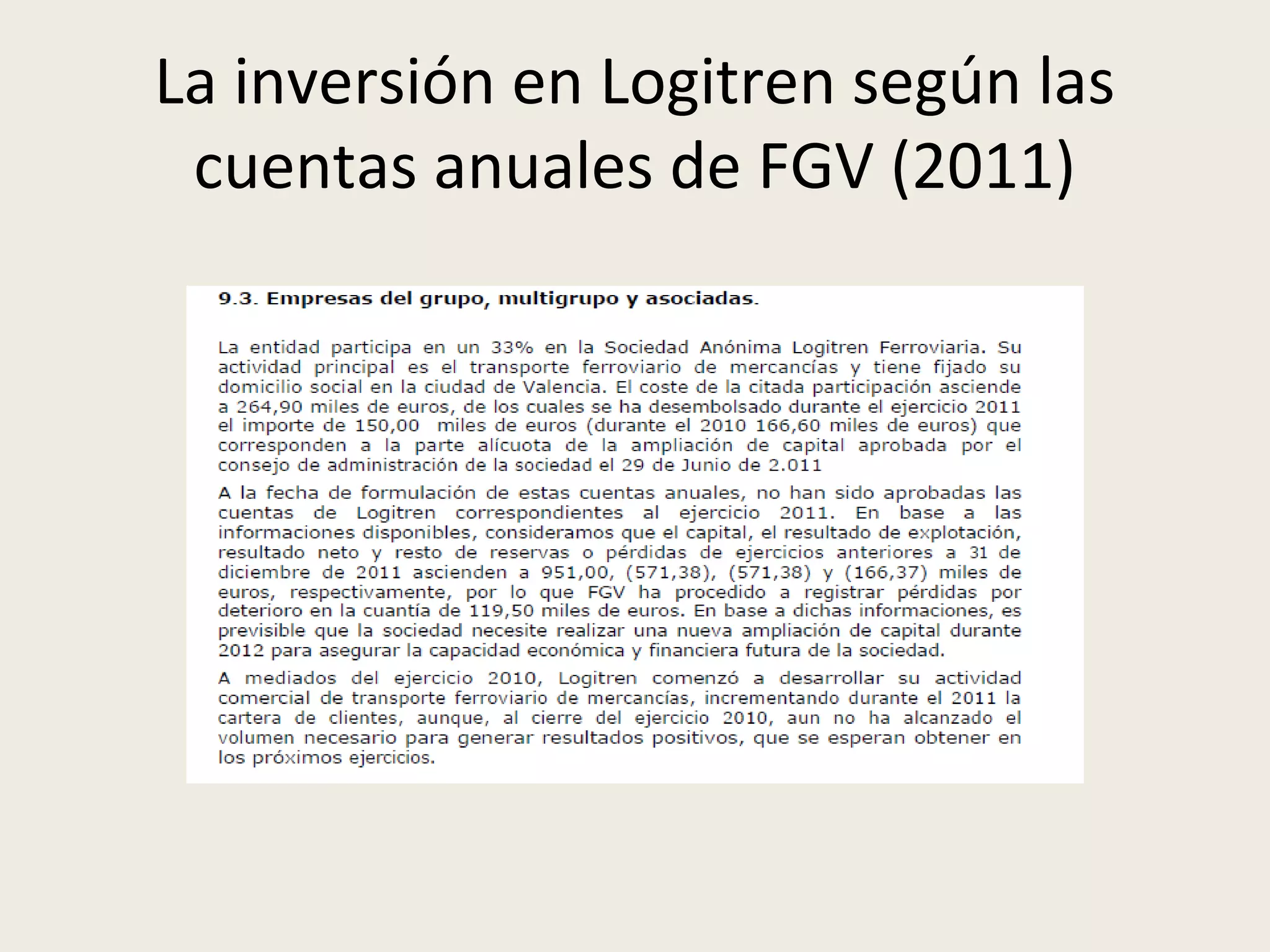 La inversión en Logitren según las
cuentas anuales de FGV (2011)