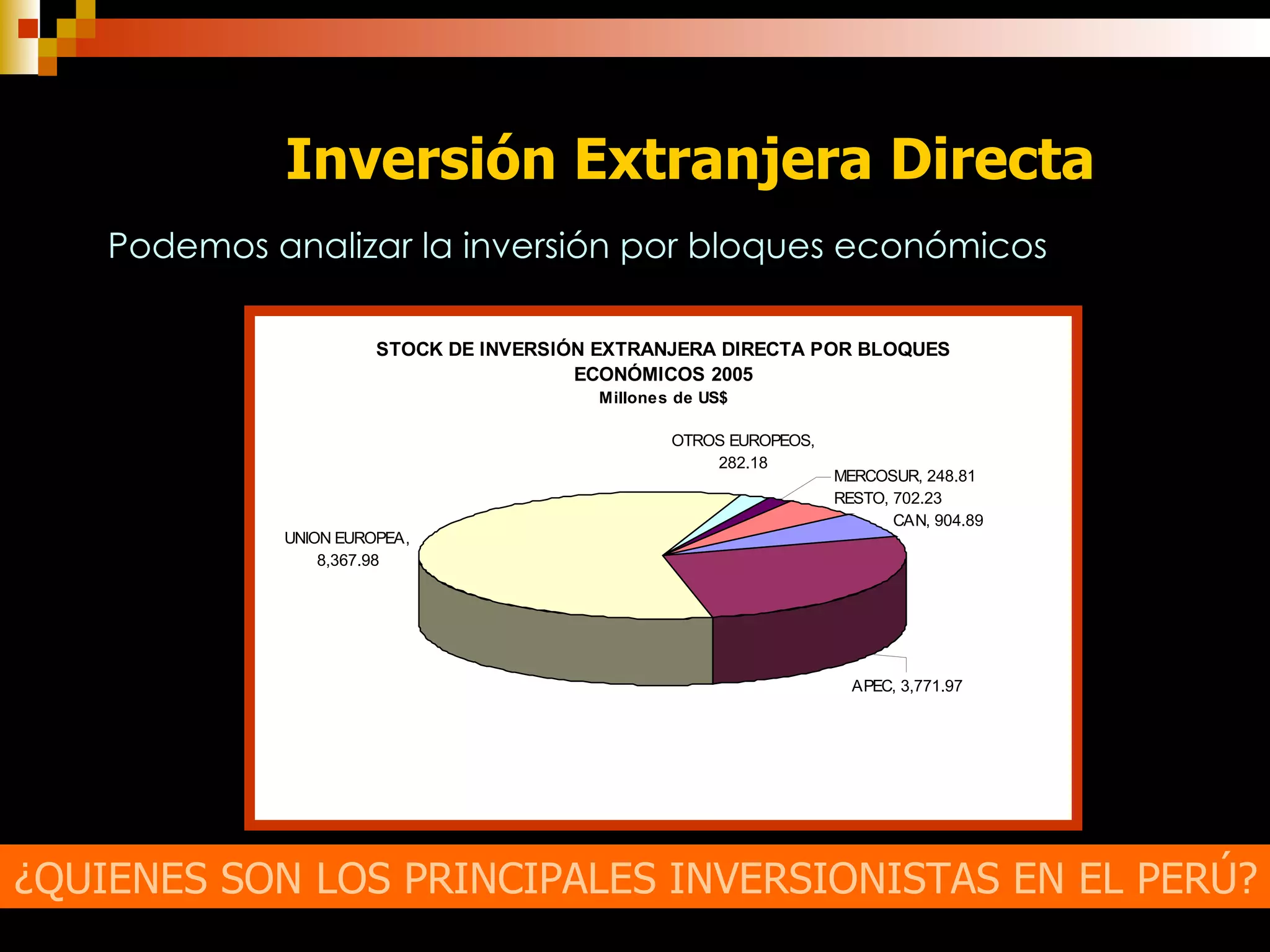 Inversión Extranjera Directa Podemos analizar la inversión por bloques económicos ¿QUIENES SON LOS PRINCIPALES INVERSIONISTAS EN EL PERÚ?  