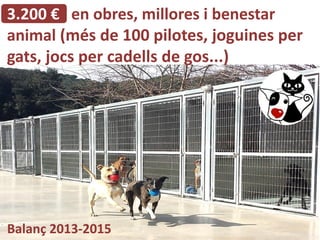 3.200 € en obres, millores i benestar
animal (més de 100 pilotes, joguines per
gats, jocs per cadells de gos...)
Balanç 20...