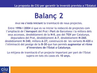 La proposta de CiU per garantir la inversió prevista a l’Estatut
Balanç 2
Avui no s’està iniciant la tramitació de nous projectes.
Entre 1996 i 2004 sí que es va iniciar la redacció de projectes com
l’ampliació de l’Aeroport del Prat i Port de Barcelona i la millora dels
seus accessos, desdoblament de la N-II, pas del TGV per Catalunya,
depuradora del Prat, desdoblament A-7, desdoblament N-260,
desdoblament N-340, millora A-27, construcció de les variants N-420 o
l’eliminació del peatge de la B-30 que han permès augmentar el ritme
d’inversions de l’Estat a Catalunya.
La mitjana de tramitació d’un projecte important per part de l’Estat
supera en tots els casos els 10 anys.
 