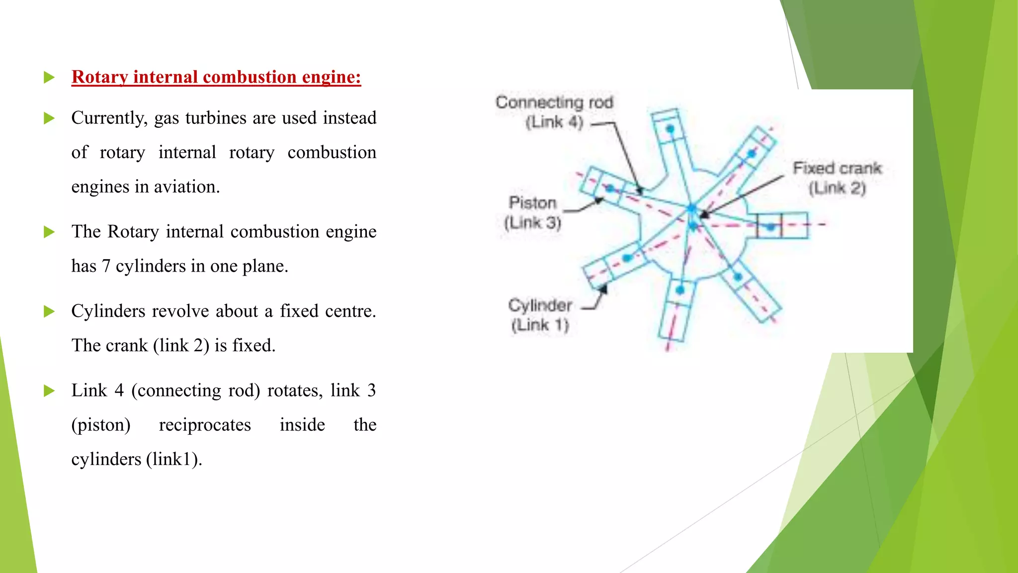  Rotary internal combustion engine:
 Currently, gas turbines are used instead
of rotary internal rotary combustion
engines in aviation.
 The Rotary internal combustion engine
has 7 cylinders in one plane.
 Cylinders revolve about a fixed centre.
The crank (link 2) is fixed.
 Link 4 (connecting rod) rotates, link 3
(piston) reciprocates inside the
cylinders (link1).
 