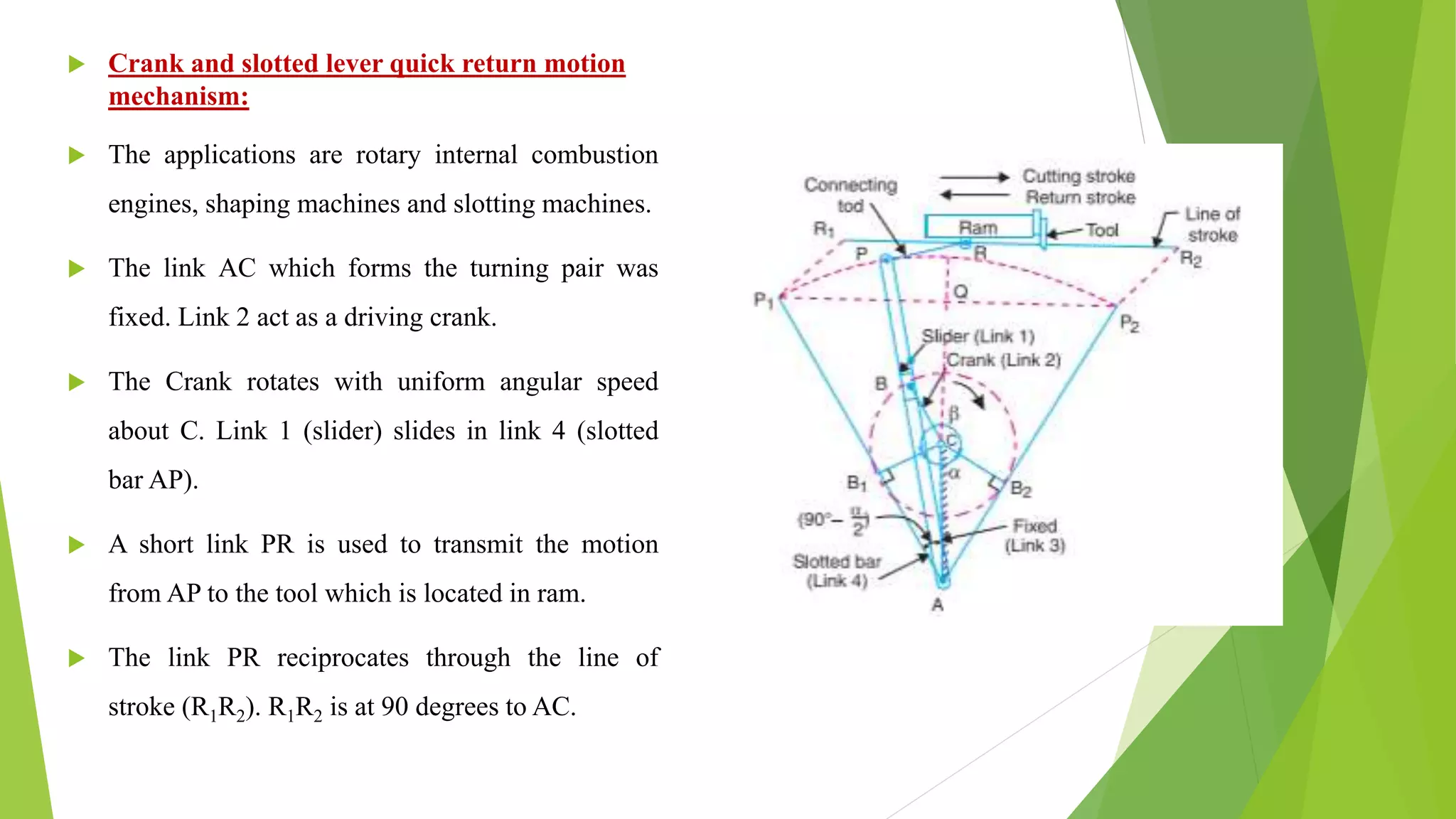  Crank and slotted lever quick return motion
mechanism:
 The applications are rotary internal combustion
engines, shaping machines and slotting machines.
 The link AC which forms the turning pair was
fixed. Link 2 act as a driving crank.
 The Crank rotates with uniform angular speed
about C. Link 1 (slider) slides in link 4 (slotted
bar AP).
 A short link PR is used to transmit the motion
from AP to the tool which is located in ram.
 The link PR reciprocates through the line of
stroke (R1R2). R1R2 is at 90 degrees to AC.
 