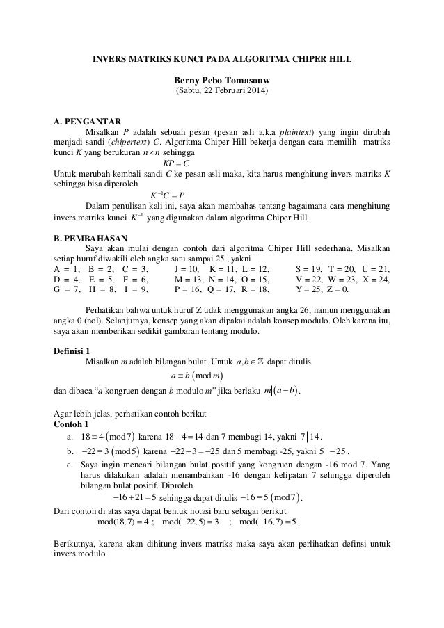 Invers Matriks Kunci Pada Algoritma Chiper Hill