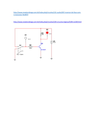 http://www.newtoncbraga.com.br/index.php/circuitos/131-audio/267-inversor-de-fase-com-
1-transistor-Ne0073
http://www.newtoncbraga.com.br/index.php/circuitos/129-circuitos-logicos/5194-ne329.html
 