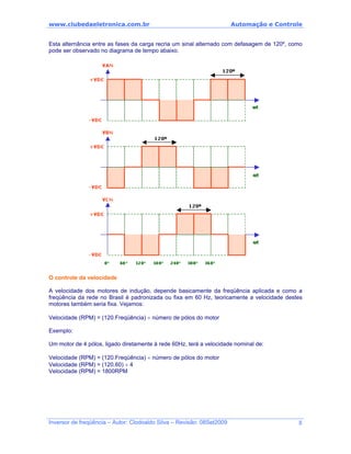 www.clubedaeletronica.com.br Automação e Controle
Esta alternância entre as fases da carga recria um sinal alternado com defasagem de 120º, como
pode ser observado no diagrama de tempo abaixo.
O controle da velocidade
A velocidade dos motores de indução, depende basicamente da freqüência aplicada e como a
freqüência da rede no Brasil é padronizada ou fixa em 60 Hz, teoricamente a velocidade destes
motores também seria fixa. Vejamos:
Velocidade (RPM) = (120.Freqüência) ÷ número de pólos do motor
Exemplo:
Um motor de 4 pólos, ligado diretamente à rede 60Hz, terá a velocidade nominal de:
Velocidade (RPM) = (120.Freqüência) ÷ número de pólos do motor
Velocidade (RPM) = (120.60) ÷ 4
Velocidade (RPM) = 1800RPM
Inversor de freqüência – Autor: Clodoaldo Silva – Revisão: 08Set2009 8
 