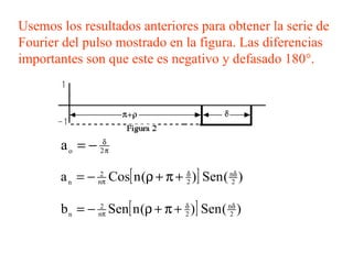 Usemos los resultados anteriores para obtener la serie de Fourier del pulso mostrado en la figura. Las diferencias importantes son que este es negativo y defasado 180°. 