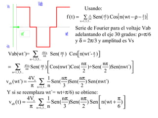 Serie de Fourier para el voltaje Vab adelantando el eje 30 grados:   y  y amplitud es Vs Y si se reemplaza wt´= wt+  /6) se obtiene: Usando: 