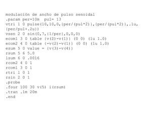 modulación de ancho de pulso senoidal .param per=10m  pul= 13 vtri 1 0 pulse(10,10,0,{per/(pul*2)},{per/(pul*2)},.1u,{per/pul+.2u}) vsen 2 0 sin(0,7,{1/per},0,0,0) ecom1 3 0 table {v(2)-v(1)} (0 0) (1u 1.0) ecom2 4 0 table {-v(2)-v(1)} (0 0) (1u 1.0) esum 5 0 value = {v(3)-v(4)} rsum 5 6 5.0 lsum 6 0 .0016 rcom2 4 0 1 rcom1 3 0 1 rtri 1 0 1 rsin 2 0 1 .probe .four 100 30 v(5) i(rsum) .tran .1m 20m .end 