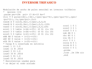 Modulación de ancho de pulso senoidal en inversor trifásico *  (pulsos =13) .param per=10m  pul= 13 At=10 As=7 vtri T 0 pulse({At},{-At},{-per/(pul*4)},{per/(pul*2)},{per/(pul*2)},.1u,{per/pul+.2u}) vsenA A 0 sin(0,{As},{1/per},0,0,0) vsenB B 0 sin(0,{As},{1/per},0,0,-120) vsenC C 0 sin(0,{As},{1/per},0,0,120) econ1 1 0 table {v(A)-v(T)} (0 0) (1u 10) econ3 3 0 table {v(B)-v(T)} (0 0) (1u 10) econ5 5 0 table {v(C)-v(T)} (0 0) (1u 10) eAB AB 0 value = {v(1)-v(3)} eBC BC 0 value = {v(3)-v(5)} eCA CA 0 value = {v(5)-v(1)} * Carga R L conectada en estrella rsum1 1 11 1.0 lsum1 11 N .0016 rsum3 3 33 1.0 lsum3 33 N .0016 rsum5 5 55 1.0 lsum5 55 N .0016 * Resistencias usadas para * no dejar el nodo aislado rcon1 1 0 1 rcon3 3 0 1 rcon5 5 0 1 rab AB 0 1 rbc BC 0 1 rca CA 0 1 rtri T 0 1 rsina A 0 1 rsinb B 0 1 rsinc C 0 1 .probe .tran .1m 10m uic .end INVERSOR TRIFASICO 