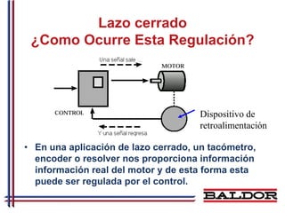 Lazo cerrado
 ¿Como Ocurre Esta Regulación?




                                     Dispositivo de
                                     retroalimentación

• En una aplicación de lazo cerrado, un tacómetro,
  encoder o resolver nos proporciona información
  información real del motor y de esta forma esta
  puede ser regulada por el control.
 