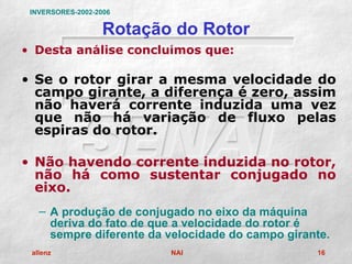 INVERSORES-2002-2006

                   Rotação do Rotor
• Desta análise concluímos que:

• Se o rotor girar a mesma velocidade do
  campo girante, a diferença é zero, assim
  não haverá corrente induzida uma vez
  que não há variação de fluxo pelas
  espiras do rotor.

• Não havendo corrente induzida no rotor,
  não há como sustentar conjugado no
  eixo.
   – A produção de conjugado no eixo da máquina
     deriva do fato de que a velocidade do rotor é
     sempre diferente da velocidade do campo girante.
 allenz                   NAI                     16
 