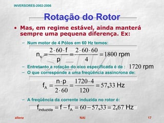 INVERSORES-2002-2006



                Rotação do Rotor
• Mas, em regime estável, ainda manterá
  sempre uma pequena diferença. Ex:
    – Num motor de 4 Pólos em 60 Hz temos:
                    2 ⋅ 60 ⋅ f 2 ⋅ 60 ⋅ 60
             ns =             =            = 1800 rpm
                        p            4
    –    Entretanto a rotação do eixo especificada é de : 1720 rpm
    – O que corresponde a uma freqüência assincrona de:

                    n ⋅ p 1720 ⋅ 4
               fA =        =       = 57,33 Hz
                    2 ⋅ 60   120
    – A freqüência da corrente induzida no rotor é:
             finduzida = f − fA = 60 − 57,33 = 2,67 Hz
allenz                          NAI                            17
 