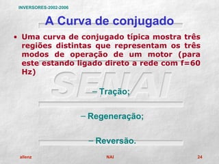 INVERSORES-2002-2006


           A Curva de conjugado
• Uma curva de conjugado típica mostra três
  regiões distintas que representam os três
  modos de operação de um motor (para
  este estando ligado direto a rede com f=60
  Hz)

                          – Tração;

                        – Regeneração;

                         – Reversão.
 allenz                      NAI           24
 