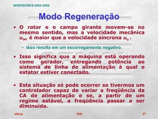 INVERSORES-2002-2006



              Modo Regeneração
• O rotor e o campo girante movem-se no
  mesmo sentido, mas a velocidade mecânica
  ω M, é maior que a velocidade síncrona ω s .
    – Isso resulta em um escorregamento negativo.

• Isso significa que a máquina está operando
  como gerador, entregando potência ao
  sistema de linha de alimentação à qual o
  estator estiver conectado.

• Esta situação só pode ocorrer se tivermos um
  controlador capaz de variar a freqüência da
  CA de alimentação e se, a partir de um
  regime estável, a freqüência passar a ser
  diminuída.
allenz                      NAI                     27
 