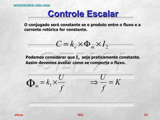 INVERSORES-2002-2006


                    Controle Escalar
         O conjugado será constante se o produto entre o fluxo e a
         corrente rotórica for constante.


                        C = ke × Φ m × I 2
         Podemos considerar que I2 seja praticamente constante.
         Assim devemos avaliar como se comporta o fluxo.


                  U                       U
         Φm = k1 × f                     ⇒ =K
                                          f


allenz                             NAI                               63
 