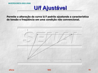 INVERSORES-2002-2006

                        U/f Ajustável
Permite a alteração da curva U/f padrão ajustando a característica
de tensão e freqüência em uma condição não convencional.




 allenz                         NAI                              78
 
