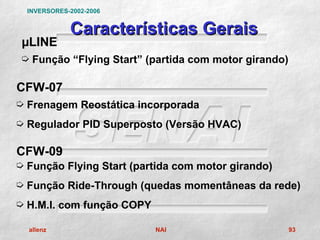 INVERSORES-2002-2006


             Características Gerais
 µLINE
 µ Função “Flying Start” (partida com motor girando)

CFW-07
µ Frenagem Reostática incorporada
µ Regulador PID Superposto (Versão HVAC)

CFW-09
µ Função Flying Start (partida com motor girando)
µ Função Ride-Through (quedas momentâneas da rede)
µ H.M.I. com função COPY

  allenz                   NAI                         93
 