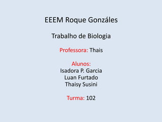 EEEM Roque GonzálesTrabalho de BiologiaProfessora: ThaisAlunos: Isadora P. GarciaLuan FurtadoThaisySusiniTurma: 102