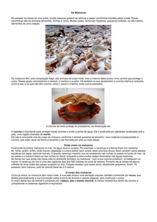 Os Moluscos

Ao passear na areias de uma praia, muitas pessoas gostam de admirar e pegar conchinhas trazidas pelas ondas. Essas
conchinhas são de diversos tamanhos, formas e cores. Muitas vezes, se tornam bijuterias, pequenos enfeites, ou até mesmo
elementos de uma coleção.




Os moluscos têm uma composição frágil, são animais de corpo mole, mas a maioria deles possui uma concha que protege o
corpo. Nesse grupo, encontramos o caracol, o marisco e a ostra. Há também os que apresentam a concha interna e reduzida,
como a lula, e os que não têm concha, como o polvo e a lesma, entre outros exemplos.




                                A concha da ostra protege de predadores, da dissecação etc.

A concha é importante para proteger esses animais e evitar a perda de água. Ela é produzida por glândulas localizadas sob a
pele, uma região chamada de manto.
Ela não é uma parte viva do corpo do molusco; conforme o animal aumenta de tamanho, novo material é acrescentado à
concha, que pode variar de forma e tamanho e ser formada por uma ou mais peças.

                                                   Onde vivem os moluscos
Você pode encontrar moluscos no mar, na água doce e na terra. Por exemplo: o caramujo e a lesma ficam em canteiros
de horta, jardim, enfim, onde houver vegetação e a terra estiver bem úmida, após uma boa chuva; ficam também sobre plantas
aquáticas em lagos, beira de rios etc. O grande caramujo marinho vive se arrastando nas rochas ou areias no fundo do mar. Já
as ostras e o marisco fixam-se nas rochas no litoral, enquanto a lula e polvo nadam livremente nas águas marinhas.
No tempo em que ainda não havia vida no ambiente terrestre, os moluscos - com a sua concha protetora - já habitavam os
mares. O caramujo do mar é uma das espécies que têm 500 milhões de anos de história. Portanto ele já existia há alguns
milhões de anos antes dos peixes surgirem no mar. Fósseis revelam que esses seres, atualmente pequenos, foram, no
passado, bem maiores, pois há concha fóssil de 2,5 metros.

                                                   O corpo dos moluscos
Como já vimos, os moluscos têm corpo mole. A sua pele produz uma secreção viscosa, também conhecida por muco, que
facilita principalmente a sua locomoção sobre troncos de árvores e pedras ásperas, sem machucar o corpo.
O corpo desse tipo de animal é composto por: cabeça, pés e massa visceral. A massa visceral fica dentro da concha e
compreende os sistemas digestório e reprodutor.
 