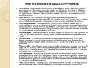 FISIOLOGIA DA EXCREÇÃO DOS ANIMAIS INVERTEBRADOSA excreção é um processo biológico, responsável pela eliminação dos rejeitos metabolizados por um organismo assegurando sua homeostase, ou seja, o equilíbrio interno.  A fisiologia do sistema excretor, bem como a anatomia dos órgãos que o constitui, está intimamente relacionada à evolução, o hábito e o nicho a que pertencem cada ser vivo, levando-se em consideração principalmente a disponibilidade de água no auxílio da excreção de substâncias nitrogenadas (amônia, ácido úrico e uréia), sais minerais e gás carbônico. 