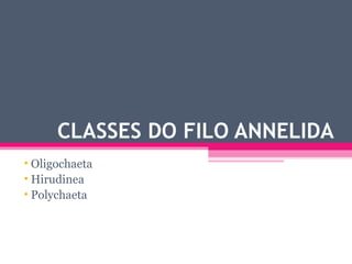 CLASSES DO FILO ANNELIDA
• Oligochaeta
• Hirudinea
• Polychaeta
 