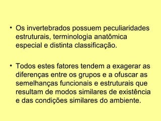 • Os invertebrados possuem peculiaridades 
estruturais, terminologia anatômica 
especial e distinta classificação. 
• Todos estes fatores tendem a exagerar as 
diferenças entre os grupos e a ofuscar as 
semelhanças funcionais e estruturais que 
resultam de modos similares de existência 
e das condições similares do ambiente. 
 