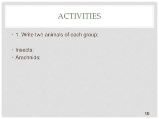 ACTIVITIES
• 1. Write two animals of each group:
• Insects:
• Arachnids:
10
 