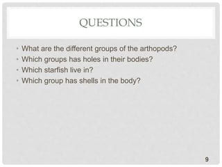 QUESTIONS
• What are the different groups of the arthopods?
• Which groups has holes in their bodies?
• Which starfish live in?
• Which group has shells in the body?
9
 