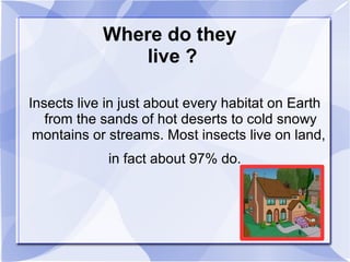 Where do they
live ?
Insects live in just about every habitat on Earth
from the sands of hot deserts to cold snowy
montains or streams. Most insects live on land,
in fact about 97% do.
 