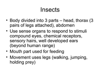 Insects
• Body divided into 3 parts – head, thorax (3
pairs of legs attached), abdomen
• Use sense organs to respond to stimuli
compound eyes, chemical receptors,
sensory hairs, well developed ears
(beyond human range)
• Mouth part used for feeding
• Movement uses legs (walking, jumping,
holding prey)
 