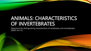 ANIMALS: CHARACTERISTICS
OF INVERTEBRATES
Determine the distinguishing characteristics of vertebrates and invertebrates.
(S6MT-Iie-f-3)
 