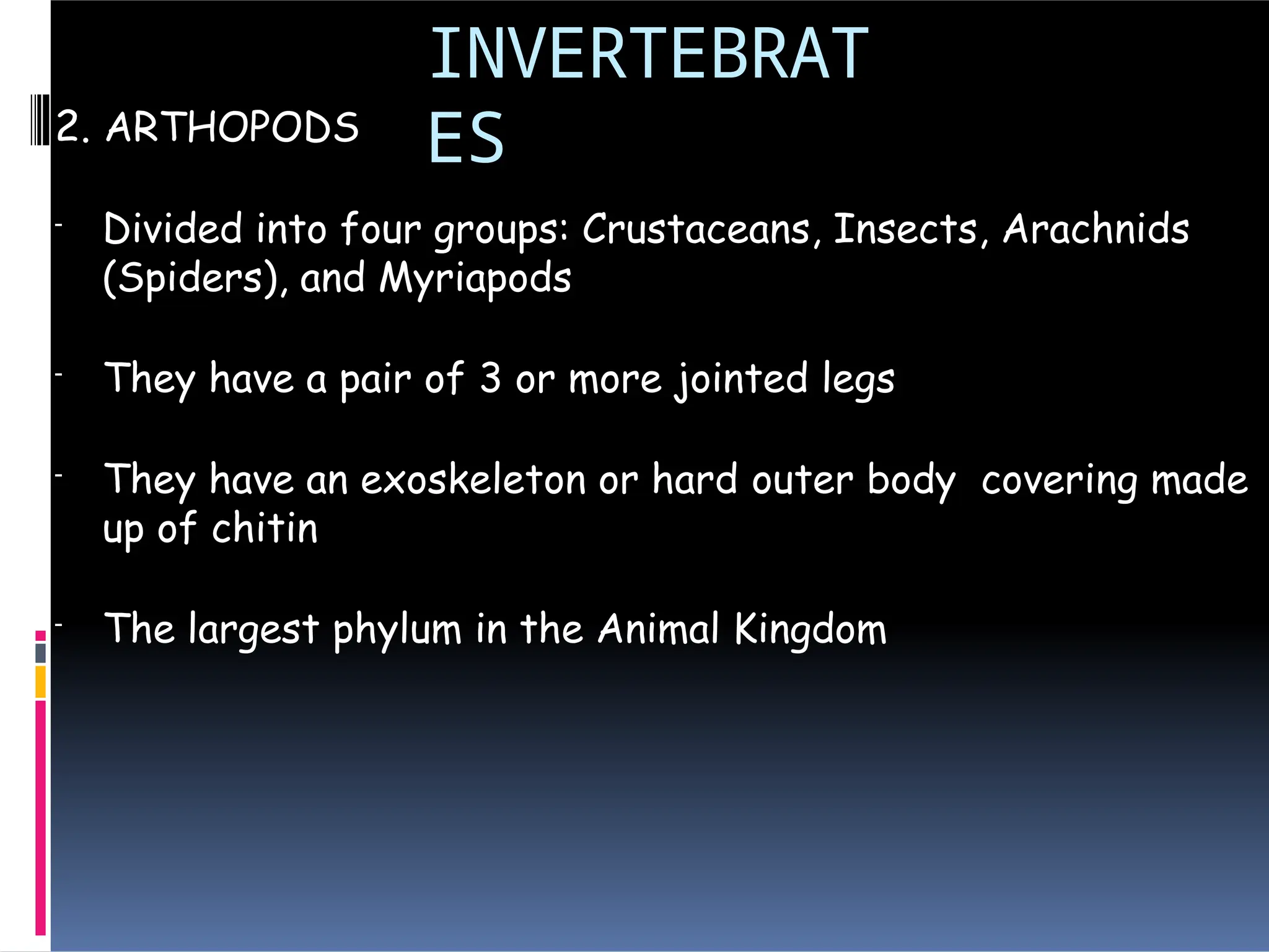 INVERTEBRAT
ES
2. ARTHOPODS
- Divided into four groups: Crustaceans, Insects, Arachnids
(Spiders), and Myriapods
- They have a pair of 3 or more jointed legs
- They have an exoskeleton or hard outer body covering made
up of chitin
- The largest phylum in the Animal Kingdom
 