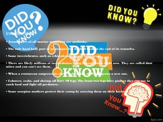 Invertebrates
• Around 23% of all marine organisms are mollusks.
• The only hard body part of an octopus is a hooked beak at the end of its tentacles.
• Some invertebrates, such as echinoderms, do not have heads.
• There are likely millions of invertebrates living in your house right now. They are called dust
mites and you can't see them.
• When a crustacean outgrows its shell, it sheds the shell and grows a new one.
• Lobsters, crabs, and shrimp all have 10 legs. The front two legs have pincers they can use to
catch food and fight off predators.
• Some scorpion mothers protect their young by carrying them on their backs.
 