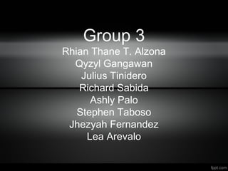 Group 3
Rhian Thane T. Alzona
Qyzyl Gangawan
Julius Tinidero
Richard Sabida
Ashly Palo
Stephen Taboso
Jhezyah Fernandez
Lea Arevalo
 