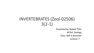 INVERTEBRATES (Zool-02506)
3(2-1)
Presented by: Nabeel Tahir
M.Phil. Zoology
Class: ADP 5 Semester
Lecture: 7
 