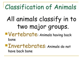 Classification of Animals
All animals classify in to
    two major groups.
 Vertebrate: Animals having back
 bone
 Invertebrates: Animals do not
 have back bone
 