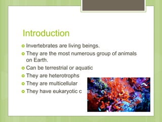 Introduction
 Invertebrates are living beings.
 They are the most numerous group of animals
on Earth.
 Can be terrestri...