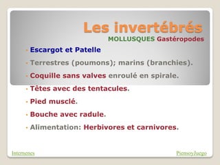 Les invertébrés
                                MOLLUSQUES Gastéropodes
      •   Escargot et Patelle
      •   Terrestres (poumons); marins (branchies).
      •   Coquille sans valves enroulé en spirale.
      •   Têtes avec des tentacules.
      •   Pied musclé.
      •   Bouche avec radule.
      •   Alimentation: Herbivores et carnivores.


Internenes                                       PiensoyJuego
 