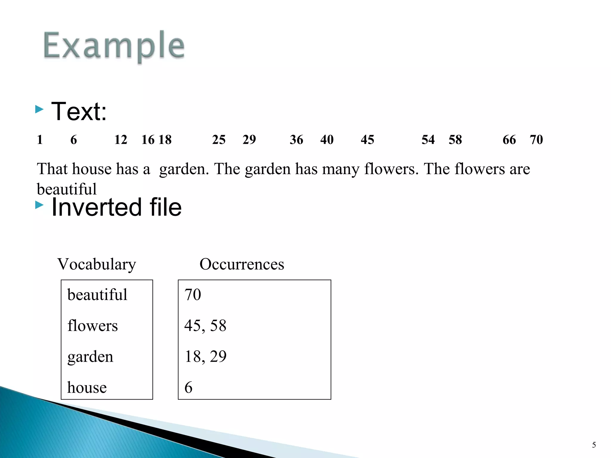 5
 Text:
 Inverted file
1 6 12 16 18 25 29 36 40 45 54 58 66 70
That house has a garden. The garden has many flowers. The flowers are
beautiful
beautiful
flowers
garden
house
70
45, 58
18, 29
6
Vocabulary Occurrences
 