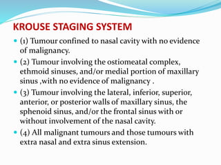 KROUSE STAGING SYSTEM
 (1) Tumour confined to nasal cavity with no evidence
of malignancy.
 (2) Tumour involving the ostiomeatal complex,
ethmoid sinuses, and/or medial portion of maxillary
sinus ,with no evidence of malignancy .
 (3) Tumour involving the lateral, inferior, superior,
anterior, or posterior walls of maxillary sinus, the
sphenoid sinus, and/or the frontal sinus with or
without involvement of the nasal cavity.
 (4) All malignant tumours and those tumours with
extra nasal and extra sinus extension.
 