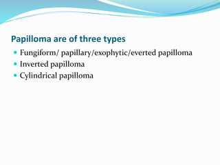 Papilloma are of three types
 Fungiform/ papillary/exophytic/everted papilloma
 Inverted papilloma
 Cylindrical papilloma
 