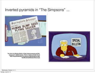 Inverted pyramids in “The Simpsons” ...




             Top photo by Whiskey Media at http://www.screened.com/the-
               simpsons/17-28910/cliches/. Photo at right by Vanilla Fire at
                 http://img.photobucket.com/albums/v328/VanillaFire1000/
                                       KentBrockmanMargeontheLam.jpg




  Wednesday, October 12, 11
Sunday, July 22, 12
 