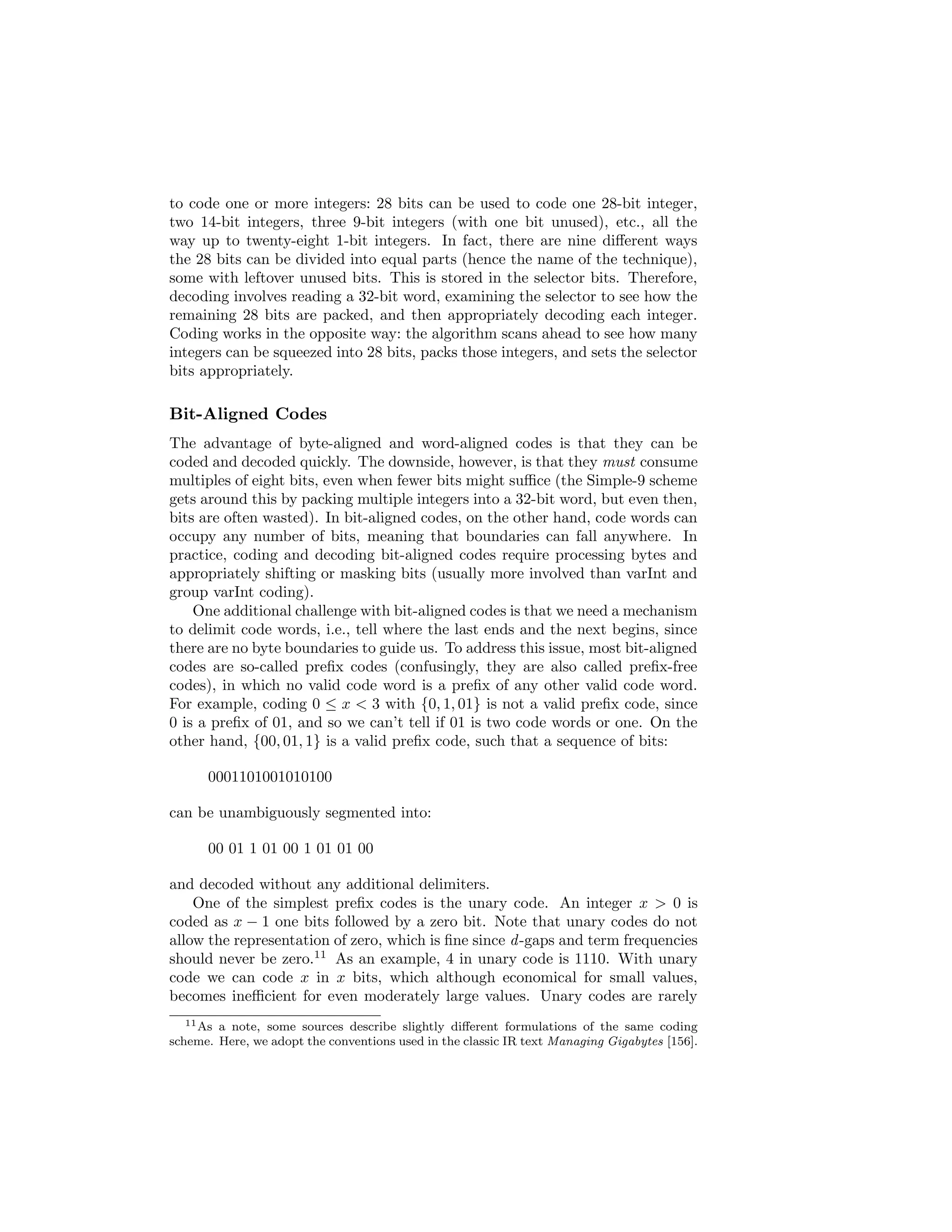 Algorithm 4.1 Baseline inverted indexing algorithm 
Mappers emit postings keyed by terms, the execution framework groups post-ings 
by term, and the reducers write postings lists to disk. 
1: class Mapper 
2: procedure Map(docid n; doc d) 
3: H   new AssociativeArray 
4: for all term t 2 doc d do 
5: Hftg   Hftg + 1 
6: for all term t 2 H do 
7: Emit(term t; posting hn;Hftgi) 
1: class Reducer 
2: procedure Reduce(term t; postings [hn1; f1i; hn2; f2i : : :]) 
3: P   new List 
4: for all posting ha; fi 2 postings [hn1; f1i; hn2; f2i : : :] do 
5: Append(P; ha; fi) 
6: Sort(P) 
7: Emit(term t; postings P) 
evaluation, therefore, necessarily involves random disk access and decoding 
of the postings. One important aspect of the retrieval problem is to organize 
disk operations such that random seeks are minimized. 
Once again, this brief discussion glosses over many complexities and does a 
huge injustice to the tremendous amount of research in information retrieval. 
However, our goal is to provide the reader with an overview of the important 
issues; Section 4.7 provides references to additional readings. 
4.3 Inverted Indexing: Baseline Implementation 
MapReduce was designed from the very beginning to produce the various data 
structures involved in web search, including inverted indexes and the web 
graph. We begin with the basic inverted indexing algorithm shown in Al-gorithm 
4.1. 
Input to the mapper consists of document ids (keys) paired with the actual 
content (values). Individual documents are processed in parallel by the map-pers. 
First, each document is analyzed and broken down into its component 
terms. The processing pipeline diers depending on the application and type of 
document, but for web pages typically involves stripping out HTML tags and 
other elements such as JavaScript code, tokenizing, case folding, removing stop-words 
(common words such as `the', `a', `of', etc.), and stemming (removing 
axes from words so that `dogs' becomes `dog'). Once the document has been 
analyzed, term frequencies are computed by iterating over all the terms and 
keeping track of counts. Lines 4 and 5 in the pseudo-code re
ect the process 
of computing term frequencies, but hides the details of document processing. 
 