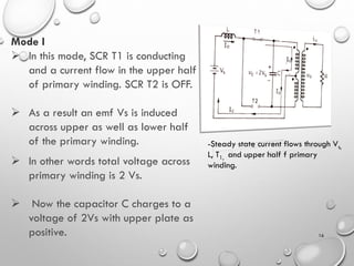 16
Mode I
➢ In this mode, SCR T1 is conducting
and a current flow in the upper half
of primary winding. SCR T2 is OFF.
➢ As a result an emf Vs is induced
across upper as well as lower half
of the primary winding.
➢ In other words total voltage across
primary winding is 2 Vs.
➢ Now the capacitor C charges to a
voltage of 2Vs with upper plate as
positive.
-Steady state current flows through Vs,
L, T1, and upper half f primary
winding.
 