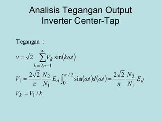 Analisis Tegangan Output
Inverter Center-Tap
 
   
kVV
E
N
N
tdtE
N
N
V
tkVv
k
dd
nk
k
/
22
sin
22
sin2
:Tegangan
1
1
22/
0
1
2
1
12












 