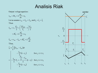 Analisis Riak
0
2
dE

2
dE
r
uv
carrier
ot 1t 2t 3t 4t
sT
1ToT oT
ui
~
uv
 
 
 
 






























434
311
1
for
for2
for
1~
Thus,
~
~~
2
1
2
2
Then
~
and~assumeusLet
:equationtageOutput vol
ttttt
L
v
ttttt
L
v
E
T
L
v
ttttt
L
v
dtvv
L
i
dt
id
LiRvvv
e
dt
id
LiR
E
T
TE
vv
iiivvv
e
dt
di
LRiv
uo
uo
d
o
uo
oo
uo
uouou
u
uuououo
u
u
u
d
s
ONd
ruo
uuuuououo
u
u
uuo
 
