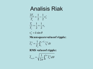 Analisis Riak












2
0
2
,
22
1
~
2
1~
~1~
sin
2
1
2
1
2
1
2
12
dII
dti
T
I
kv
v
T
T
v
T
T
uavu
Tt
t u
s
u
r
u
r
s
r
u
s
o
so
o
:rippleofvalueRMS
:rippleofvaluesquareMean
 