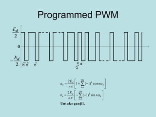 Programmed PWM
ganjil.Untukn
n
n
E
b
n
n
E
a
M
k
k
kd
n
M
k
k
kd
n


















2
1
2
1
sin)1(
2
cos)1(1
2




 