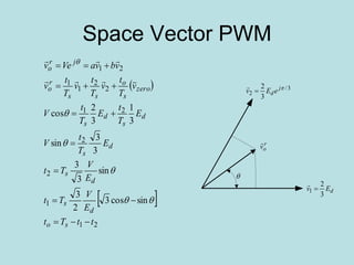 Space Vector PWM
 
 
21
1
2
2
21
2
2
1
1
21
sincos3
2
3
sin
3
3
3
3
sin
3
1
3
2
cos
ttTt
E
V
Tt
E
V
Tt
E
T
t
V
E
T
t
E
T
t
V
v
T
t
v
T
t
v
T
t
v
vbvaVev
so
d
s
d
s
d
s
d
s
d
s
zero
s
o
ss
r
o
jr
o














dEv
3
2
1 

3/
2
3
2 j
deEv 

r
ov


 