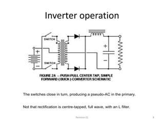 Inverter operation




The switches close in turn, producing a pseudo-AC in the primary.


Not that rectification is centre-tapped, full wave, with an L filter.

                                 Revision 01                            8
 